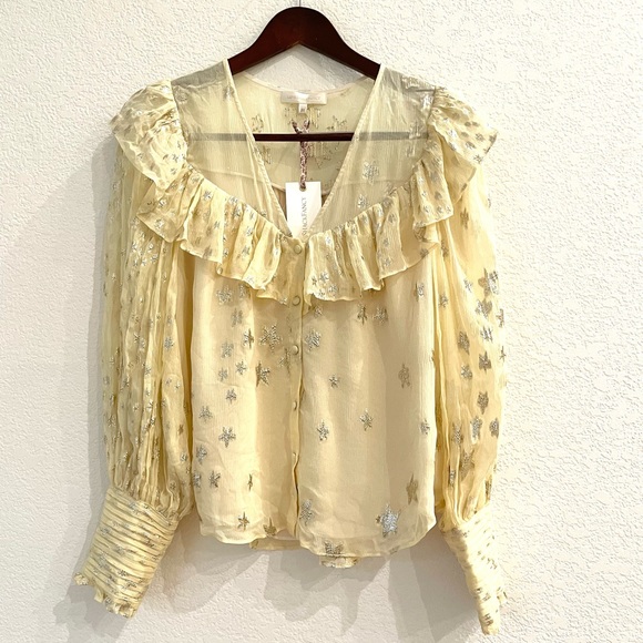 NWT LoveShackFancy Harleigh Metallic Silk Top Sunflower Yellow Romantic Regency - Picture 8 of 13